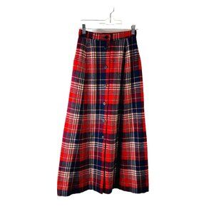 VTG 80s Virgin Wool Plaid Button Front Long Ankle Winter Skirt USA